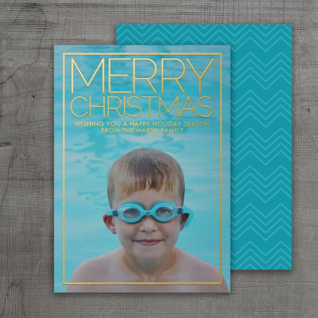 Horizontal Photo - Merry Christmas aqua blue gold Foil Holiday Card (Creator Uploaded)