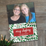 Horizontal Photo - Merry Christmas Botanical Red Holiday Card<br><div class="desc">Add family photos to this elegant and trendy design. This can be used for any Christmas greeting - happy holidays, season's greetings and more. The front includes a large horizonal photo in a modern collage with a trendy script font. The back includes a modern botanical pattern in reds and greens....</div>