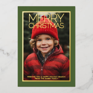 Horizontal Photo - Merry Christmas green gold Foil Holiday Card