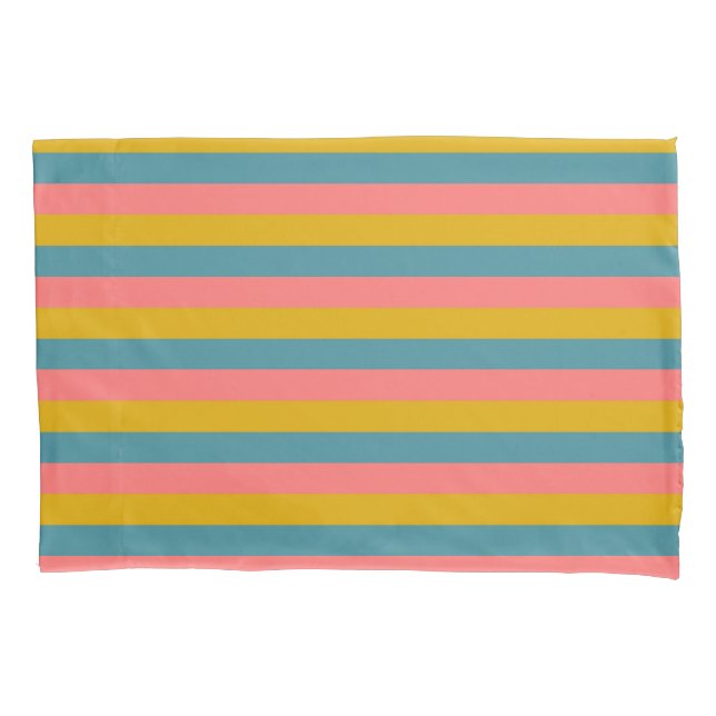 Horizontal pink, blue and orange colour stripes pillowcase (Front)
