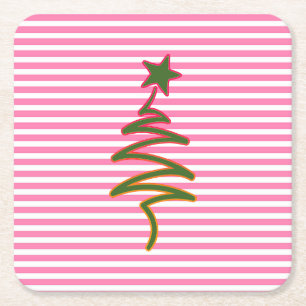 Horizontal Pink Stripes + Star Square Paper Coaster