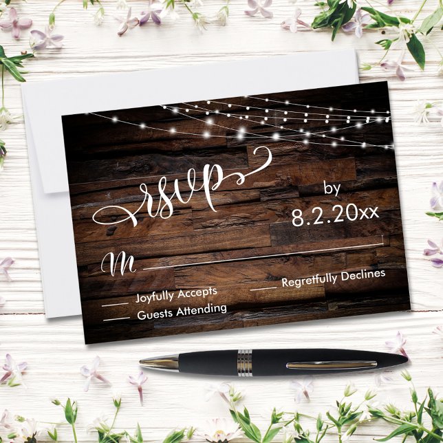 Horizontal Rustic Wood & Light Strings Event RSVP Card (Creator Uploaded)