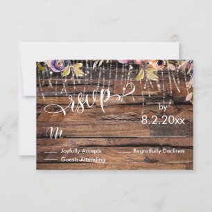 Horizontal Rustic Wood, Light Strings & Flowers RSVP Card