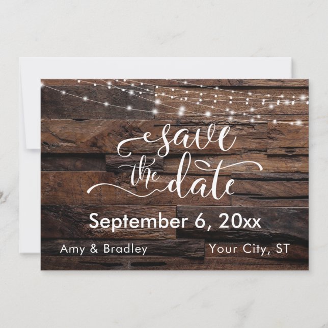 Horizontal Rustic Wood & Lights Save the Date (Front)
