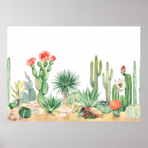 Horizontal seamless pattern with blooming cacti, s poster