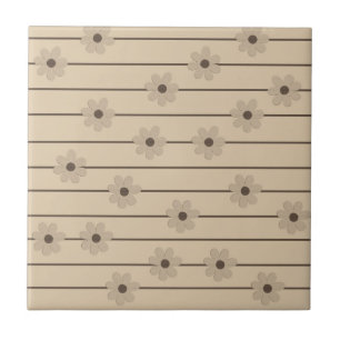 Horizontal Stripe Brown Khaki Flower Y2K Pattern Ceramic Tile