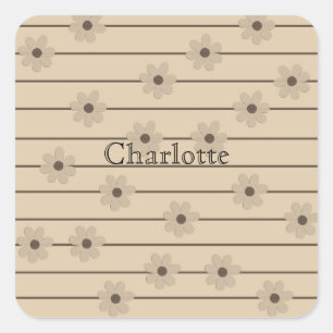 Horizontal Stripe Brown Khaki Flower Y2K Pattern Square Sticker