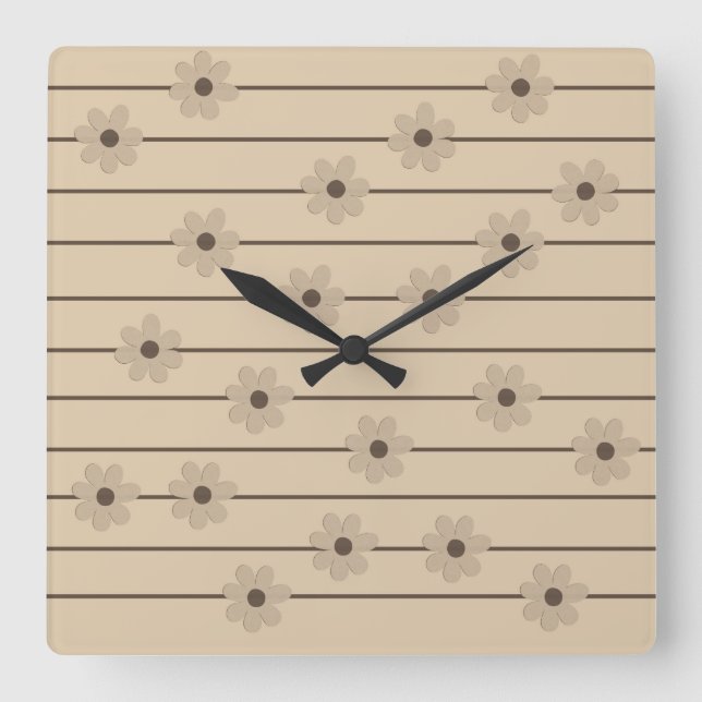 Horizontal Stripe Brown Khaki Flower Y2K Pattern Square Wall Clock (Front)