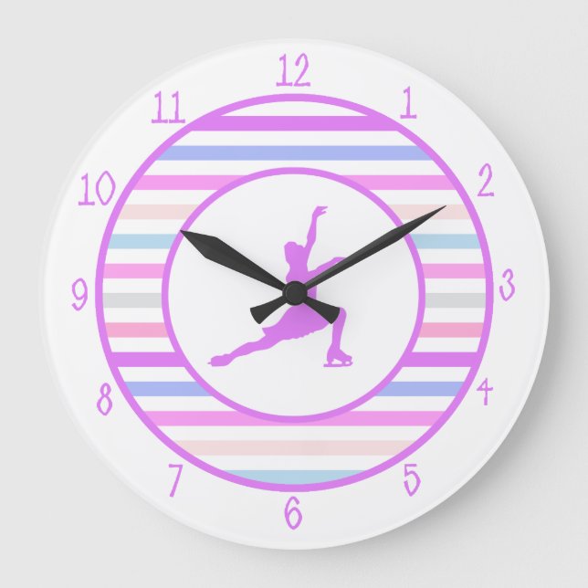 Horizontal Stripe Figure Skating in Pastel Colours Large Clock (Front)