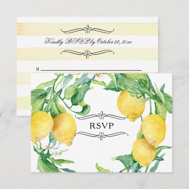 Horizontal Striped Lemon Floral Citrus Leaf RSVP Invitation (Front/Back)