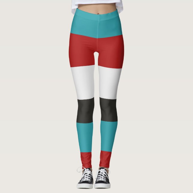 Horizontal Striped Pattern Dark Turquoise Red Grey Leggings (Front)