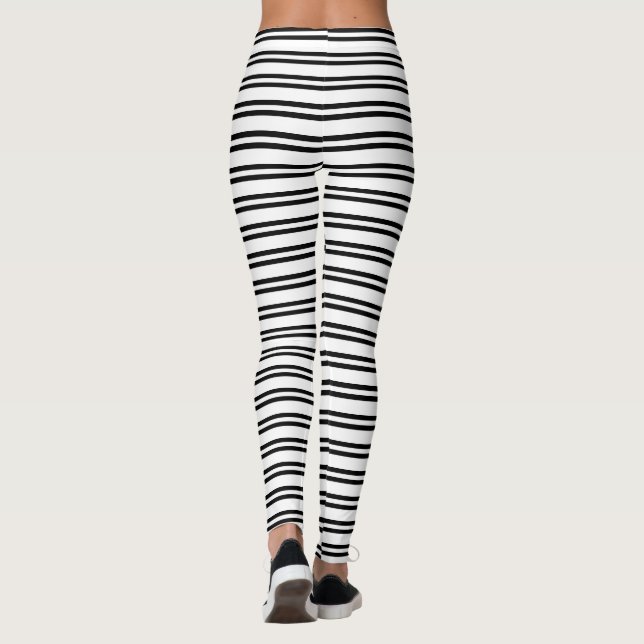 Horizontal Stripes Black and White Striped Pattern Leggings (Back)