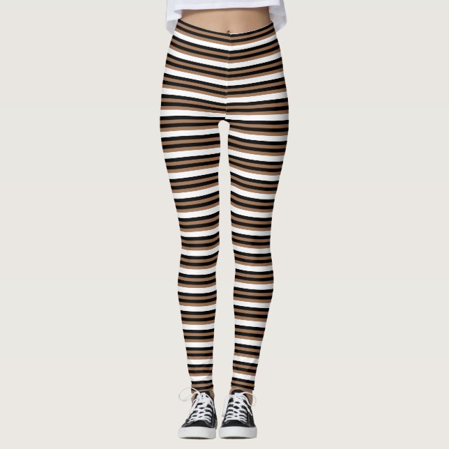 Horizontal Stripes Black Brown Striped Pattern Leggings (Front)