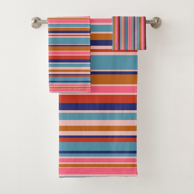 Horizontal stripes blue pink terracotta retro  bath towel set (Insitu)