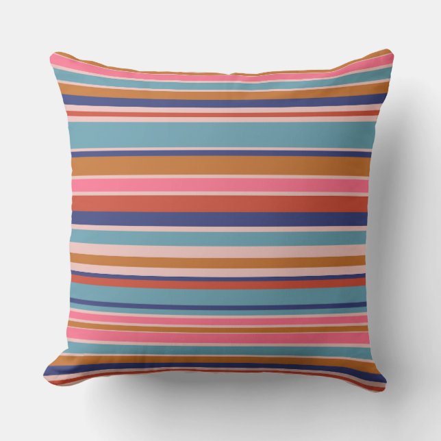 Horizontal stripes blue pink terracotta retro  cushion (Front)
