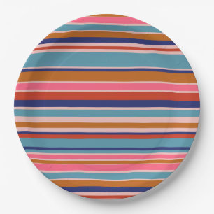 Horizontal stripes blue pink terracotta retro paper plate