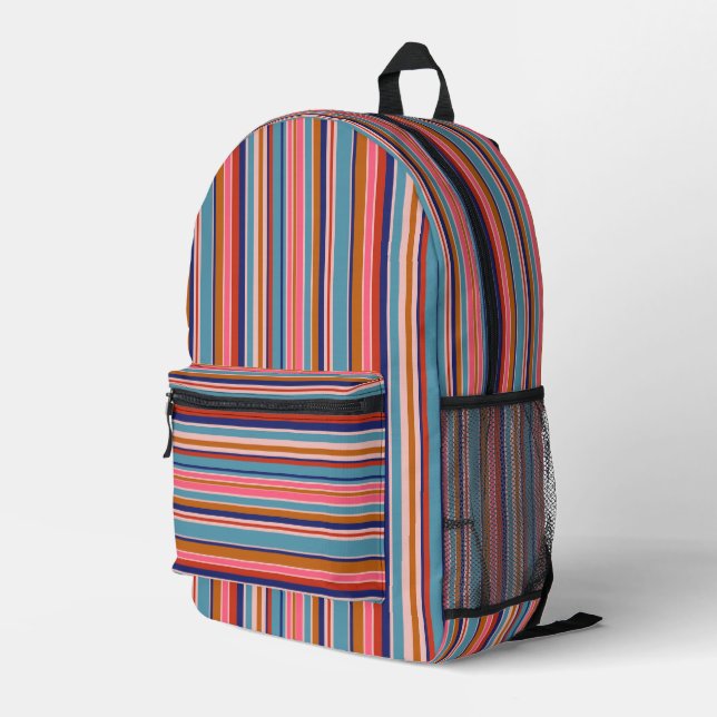 Horizontal stripes blue pink terracotta retro  printed backpack (Back Corner Right)
