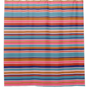 Horizontal stripes blue pink terracotta retro shower curtain