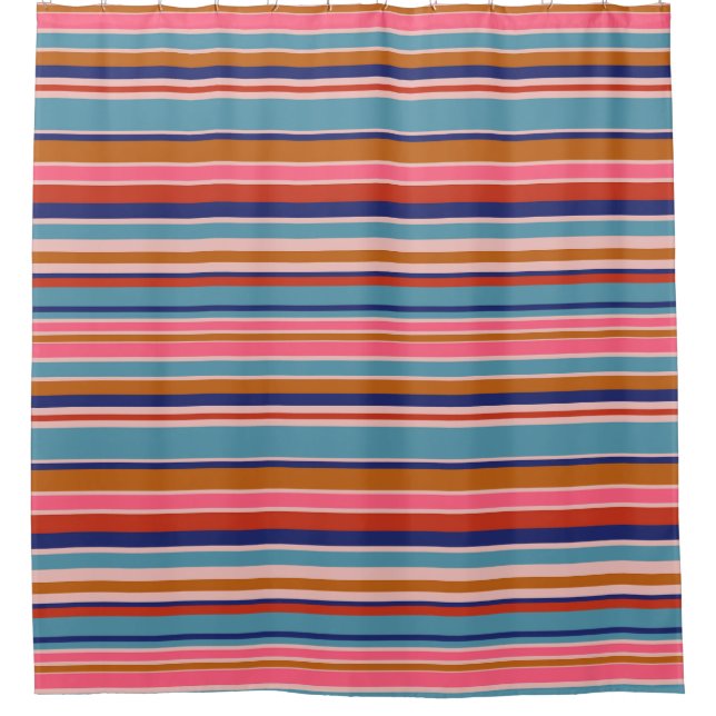 Horizontal stripes blue pink terracotta retro  shower curtain (Front)
