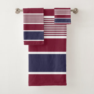 Horizontal stripes, burgundy, navy blue, white bath towel set