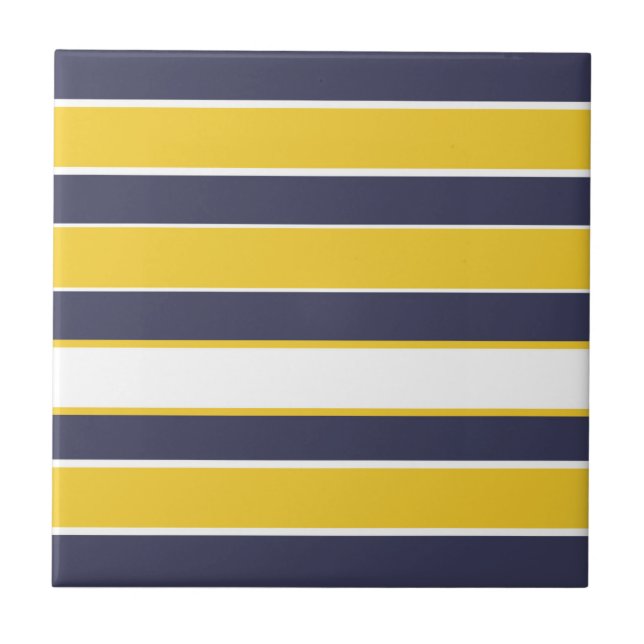 Horizontal stripes, mustard yellow, navy blue, whi ceramic tile (Front)