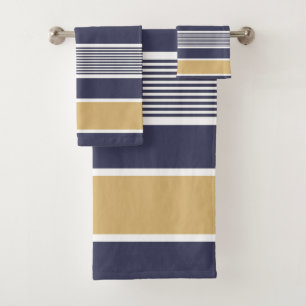 Horizontal stripes, navy blue, ochre, white bath towel set