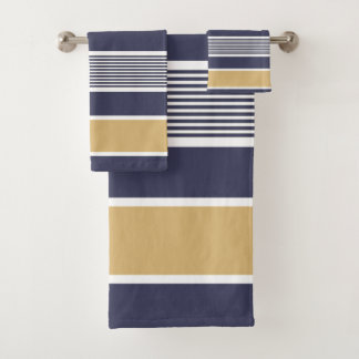 Horizontal stripes, navy blue, ochre, white bath towel set