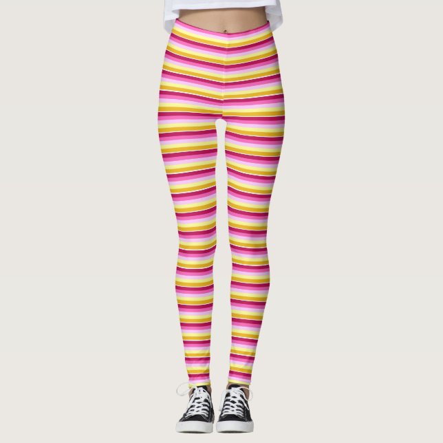 Horizontal Stripes Pink Yellow Pattern Leggings (Front)