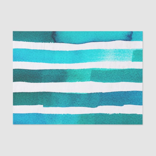 Horizontal Teal and White Watercolor Striped Tissue Paper (Front)