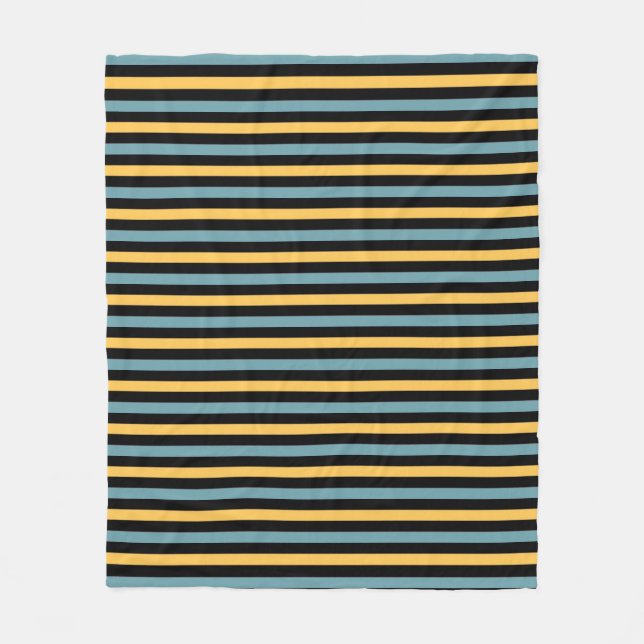 Horizontal Teal, Black and Yellow Stripes Fleece Blanket (Front)