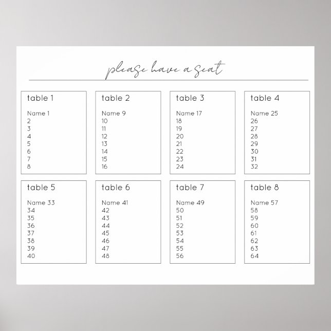Horizontal Wedding Seating Chart Sign 64 Guests (Front)