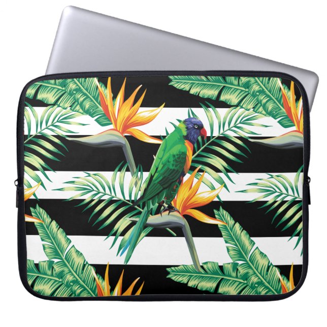 Horizontal White And Black Stripes And Parrot Laptop Sleeve (Front)