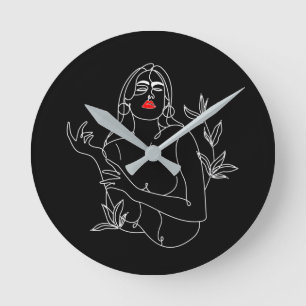 Horloge Ronde Line Art illustration. Femme en noir Round Clock