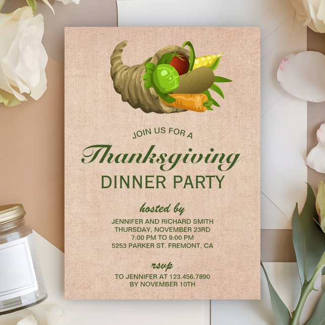 Horn of Plenty | Burlap Thanksgiving Dinner Party Invitation (Creator Uploaded)