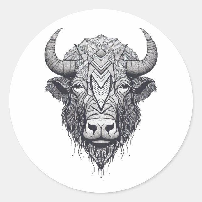 Horned Bison Buffalo Black and White Portrait  Classic Round Sticker (Front)