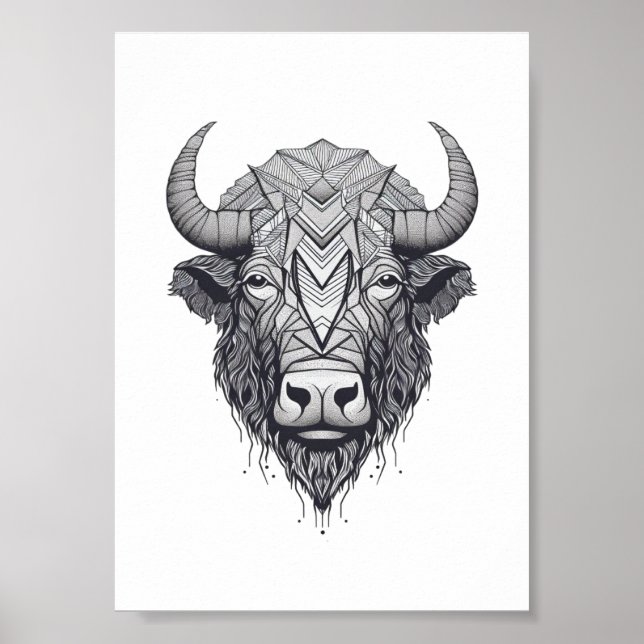 Horned Bison Buffalo Black and White Portrait  Poster (Front)
