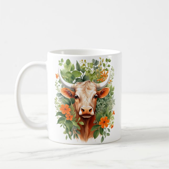 Horned Cow and Flowers  Coffee Mug (Left)