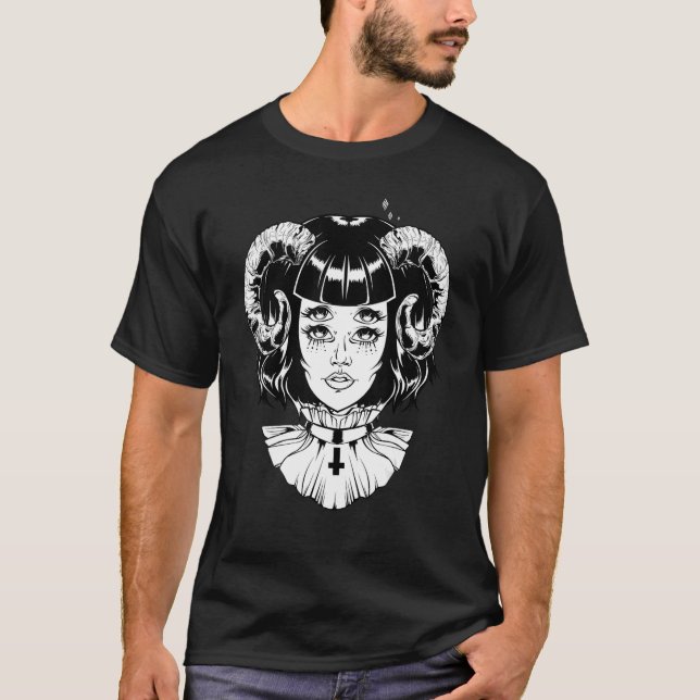 Horned Devil Satanic Halloween Glitch Goth Emo Pun T-Shirt (Front)