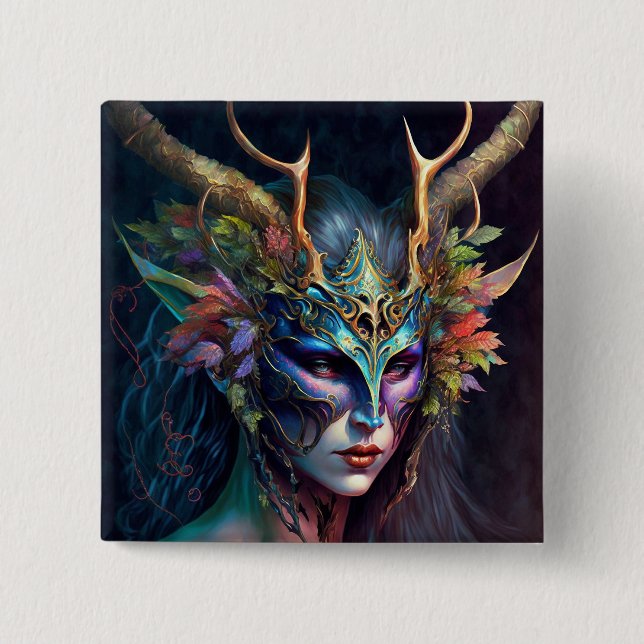 Horned Elf Woman Fantasy Art Button (Front)