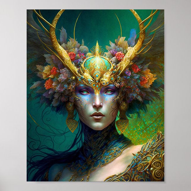 Horned Elf Woman Fantasy Art Poster (Front)