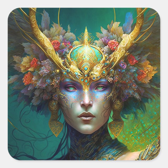 Horned Elf Woman Fantasy Art Square Sticker (Front)