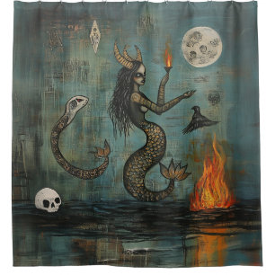 Horned Mermaid Moon Occult Dark Witchy AI Art Shower Curtain