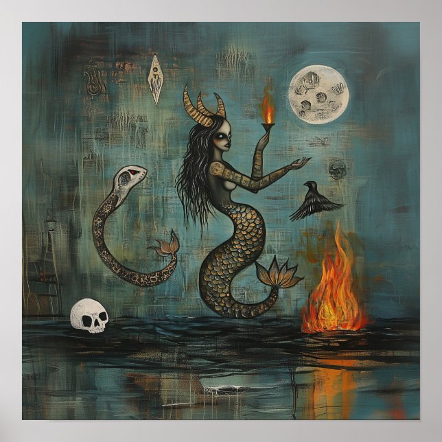 Horned Mermaid Moon Witchy AI Art Matte Value Poster (Front)