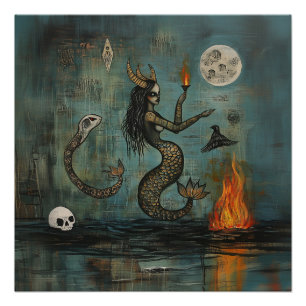 Horned Mermaid Moon Witchy AI Art Semi-Gloss Poster