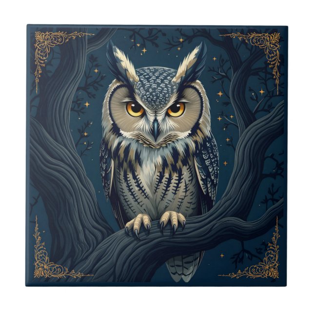 Horned owl at night ceramic tile (Front)
