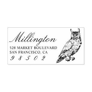 Horned Owl Family Name Script Return Address Rubber Stamp
