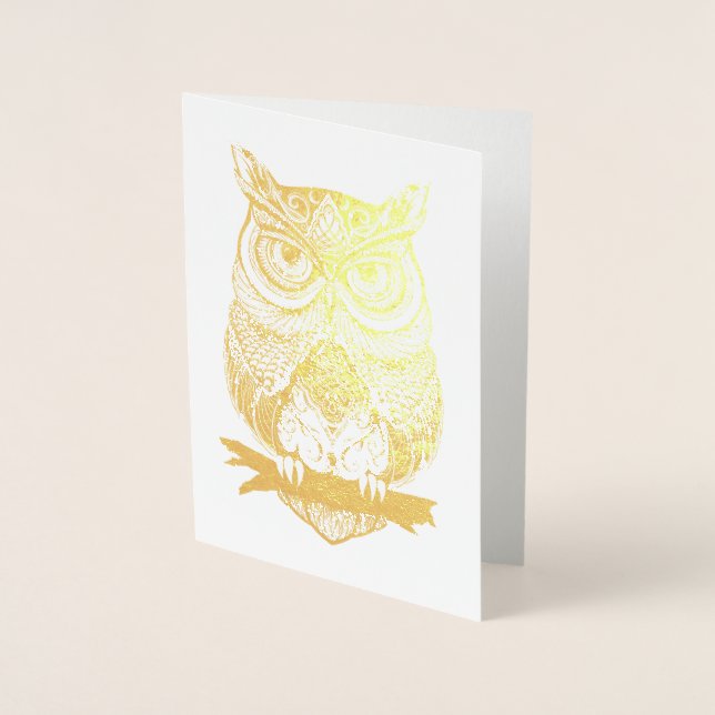 Horned Owl Gold Foil Blank Greeting Card (Front)