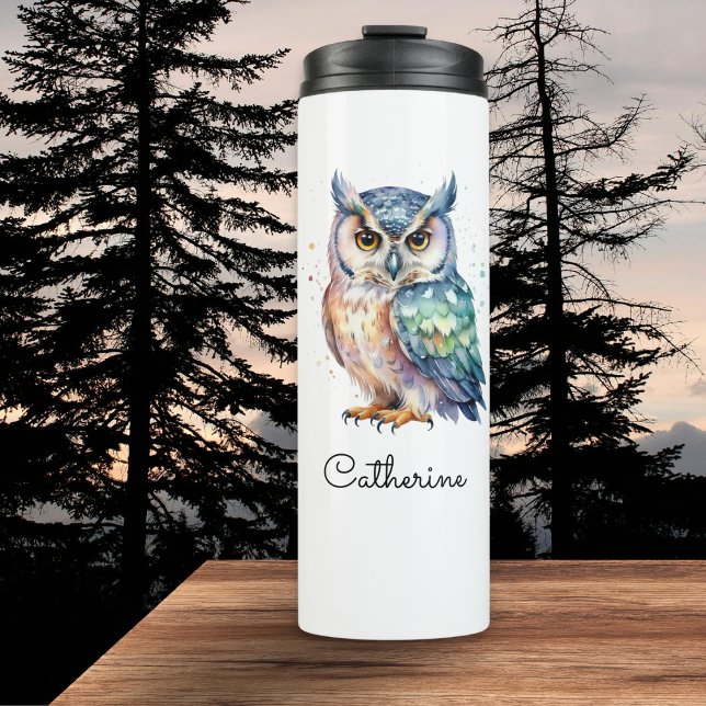 Horned Owl Watercolor Personalized Thermal Tumbler (A personalized thermal tumbler with owl illustration in a watercolor style)