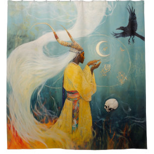 Horned Priestess Moon Occult Dark Witchy AI Art Shower Curtain