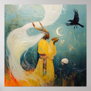 Horned Priestess Moon Witchy AI Art Matte Value Poster